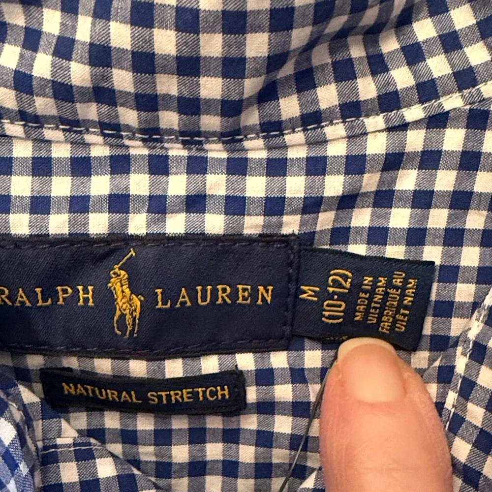 Ralph Lauren Boys Navy Checkered Button Down Shirt size M 10/12 NWT